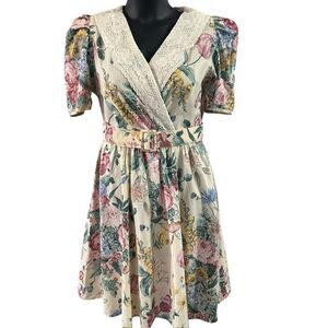 VTG Tina Barrie Women 10 Multicolor Floral Cottagecore Belted Knee Length Dress